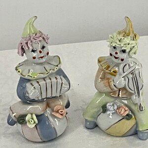 Vintage Porcelain Spaghetti Hair Musical Clown Figurines Set/2 Pastel Colors Col